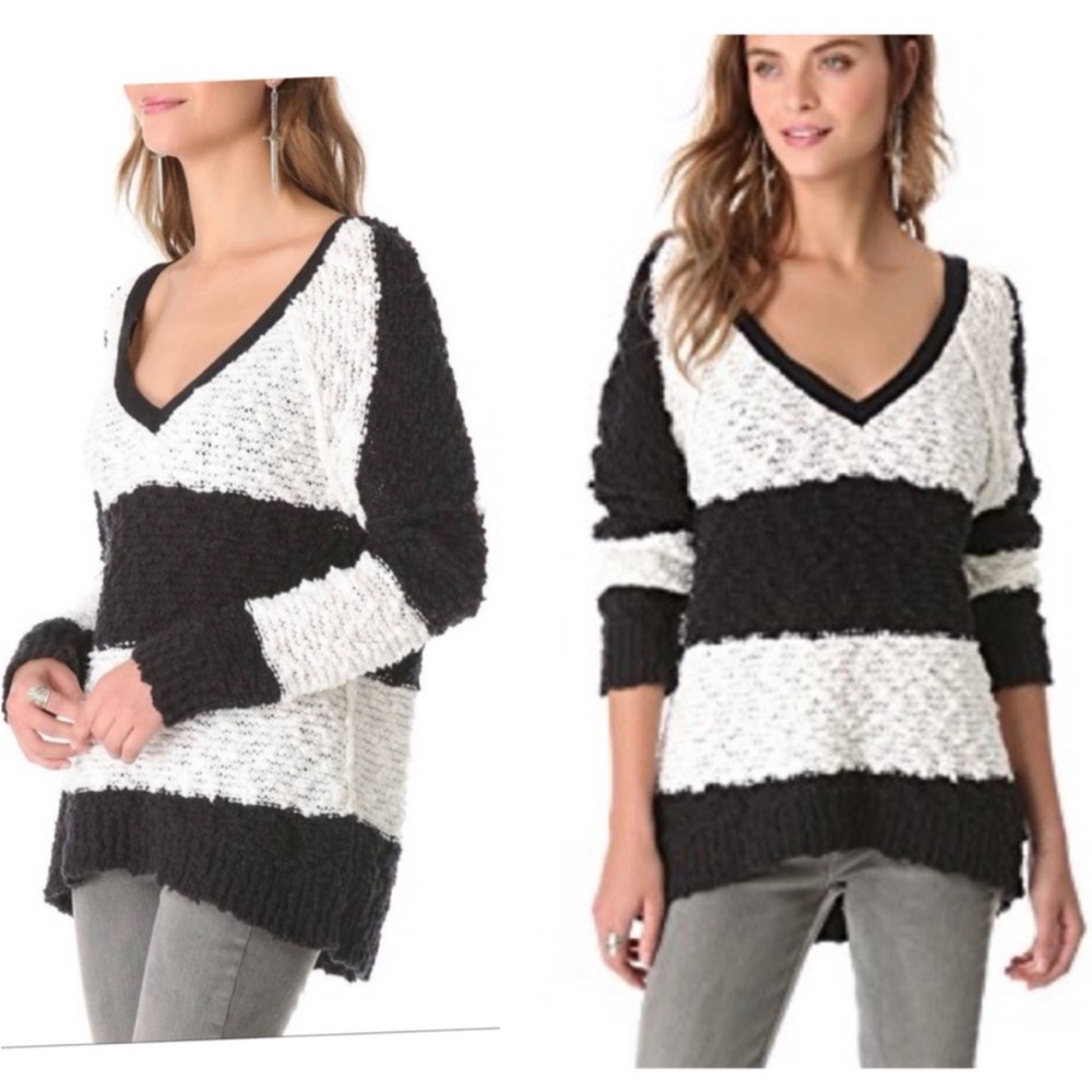 Free People SONGBIRD Striped V-Neck Boucle Textured pullover top